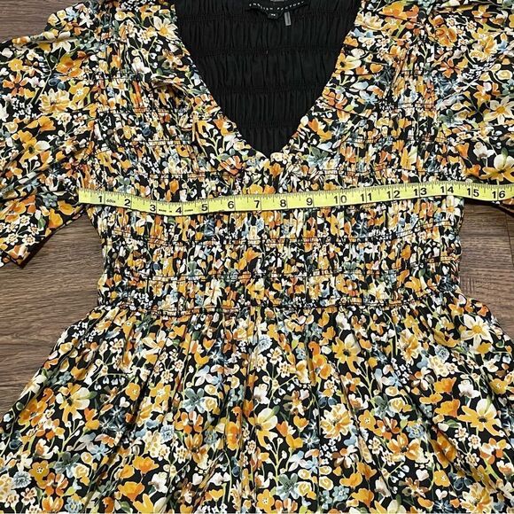 NWT ENGLISH FACTORY Plunge Smocked Cotton Floral Mini Dress Yellow Black Blue XS - Picture 10 of 16